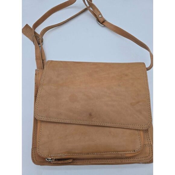 Vintage Tan Leather Crossbody Bag With Adjustable Strap & Multiple Compartments - Picture 2 of 12
